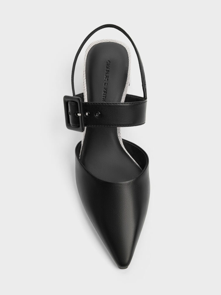 Two-Tone Buckled Pointed Slingback Pumps, Black, hi-res