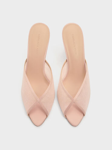 Glittered Mesh Peep-Toe Heeled Mules, Pink, hi-res