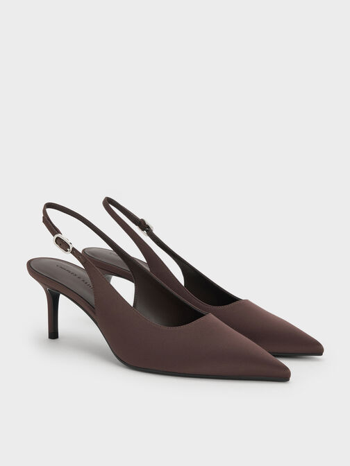 Kaia Satin Slingback Pumps, Dark Brown Textured, hi-res