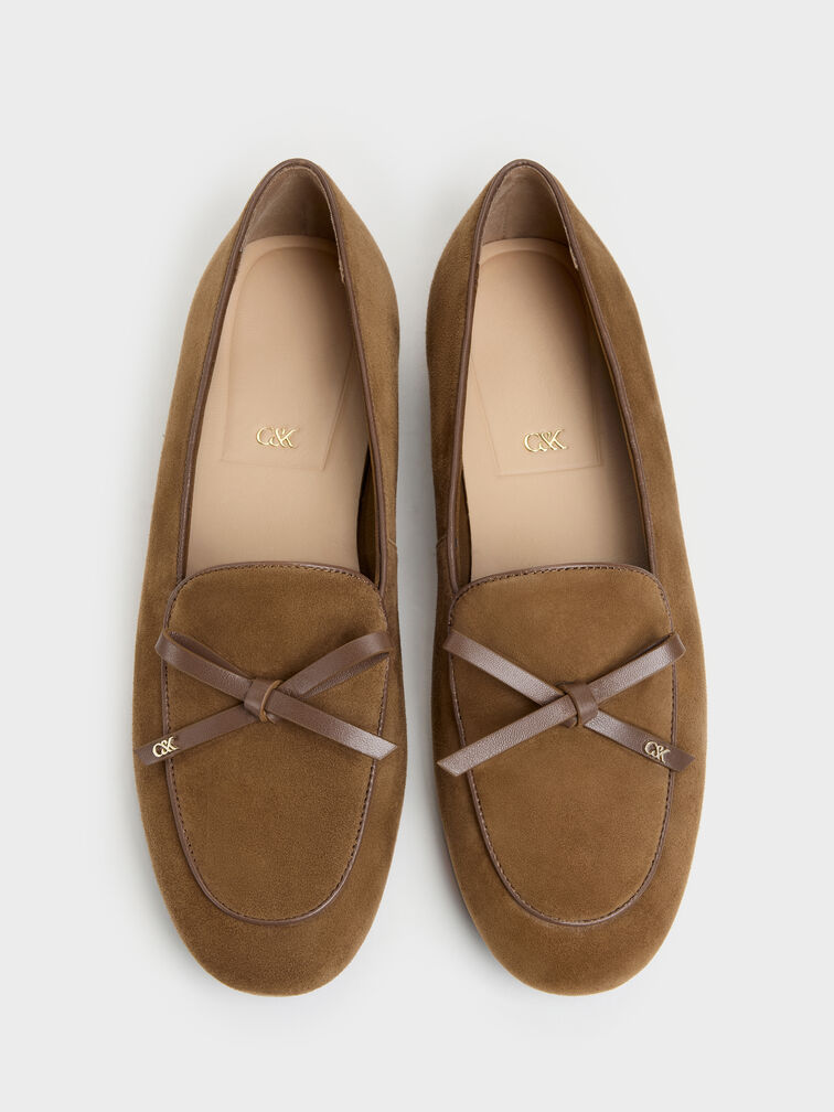 Leather & Suede Bow Loafers, Brown, hi-res