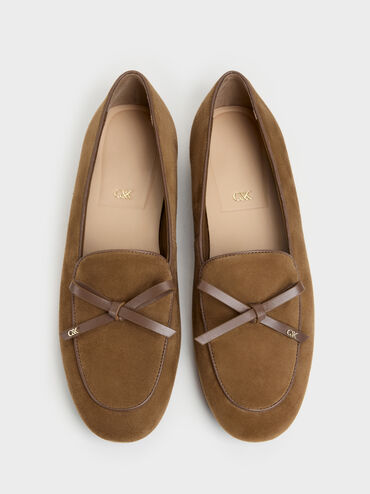 Leather & Suede Bow Loafers, Brown, hi-res