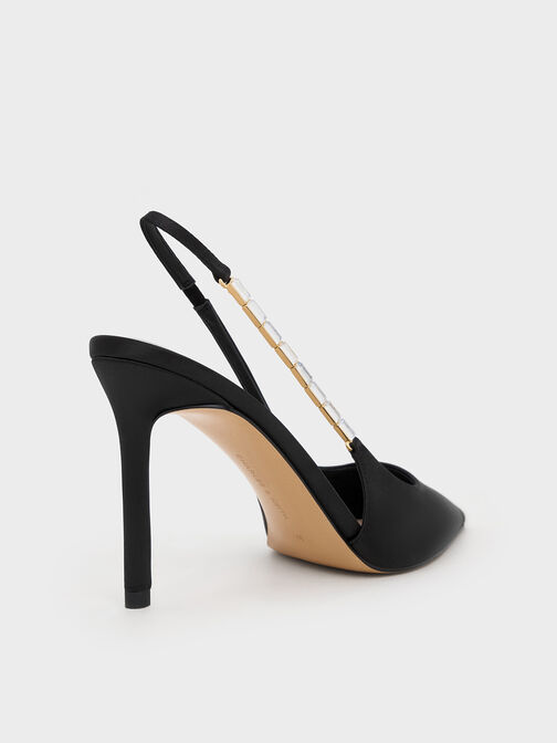 Satin Embellished-Strap Pointed-Toe Slingback Pumps, Black Textured, hi-res