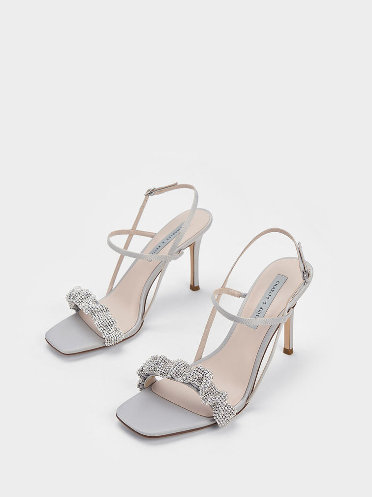 Gem-Embellished Satin Stiletto Sandals, Grey, hi-res
