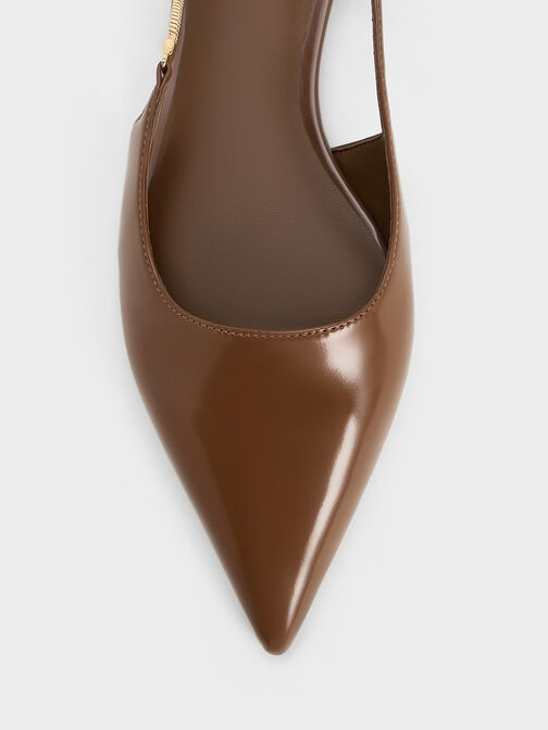 Chain-Strap Pointed-Toe Slingback Flats, Brown, hi-res