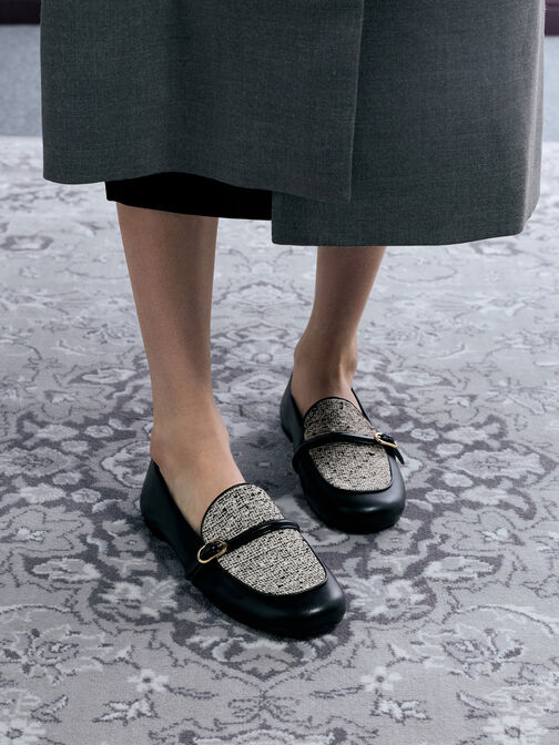 Tweed Two-Tone Buckle-Strap Loafers, Multi, hi-res