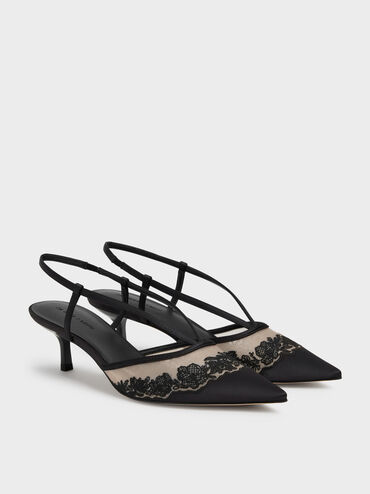 Satin Embroidered-Mesh Slingback Kitten Heels, Black Textured, hi-res
