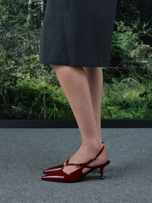 Wynn Patent Buckled Sculptural-Heel Slingback Pumps, Red, hi-res