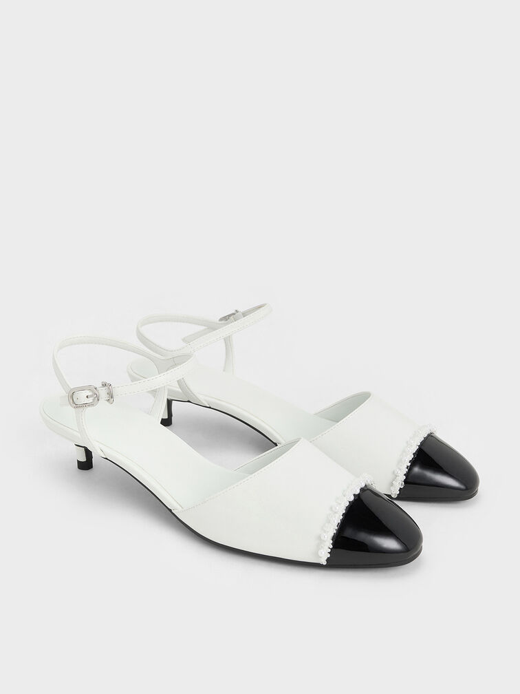 Pearl-Embellished Cap-Toe Kitten Heels, White, hi-res