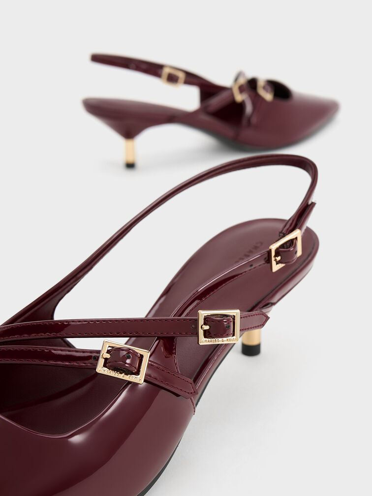 Patent Pointed Slingback Kitten Heels, Maroon, hi-res