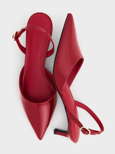 Patent Pointed Slingback Kitten Heels, Red, hi-res