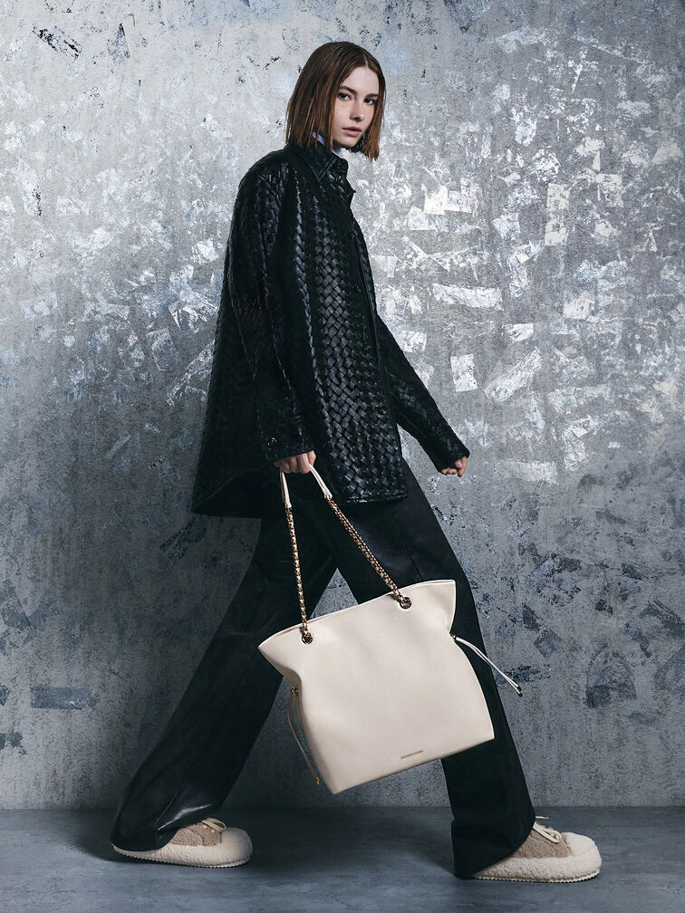 حقيبة توت بحمالة ضفيرة, كريمي, hi-res