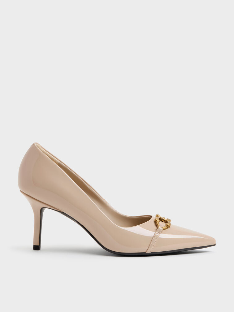 Patent Metallic-Buckle Pointed Pumps, Nude, hi-res