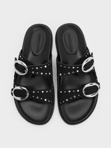 Studded Buckled Double-Strap Slides, Black, hi-res
