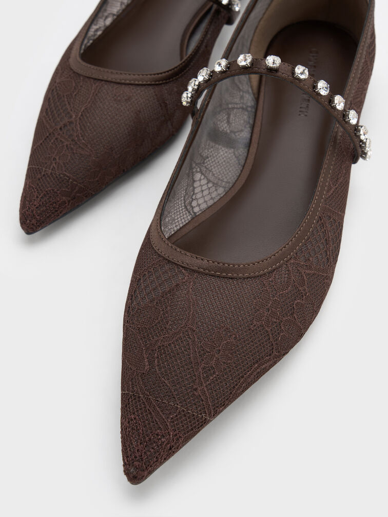 Lace & Satin Crystal Mary Jane Flats, Dark Brown Textured, hi-res