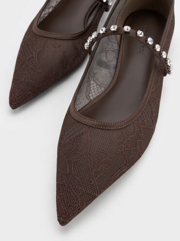 Lace & Satin Crystal Mary Jane Flats, Dark Brown Textured, hi-res