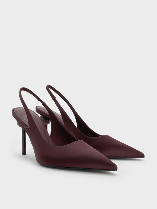 Satin Crystal Ball-Heel Slingback Pumps, Burgundy, hi-res