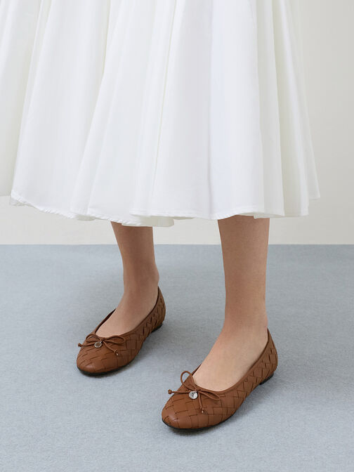 Ivette Woven Bow Ballet Flats, Caramel, hi-res