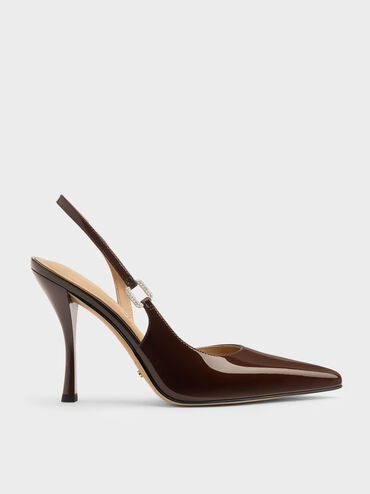 Patent Leather Crystal-Buckle Slingback Pumps, Dark Brown, hi-res