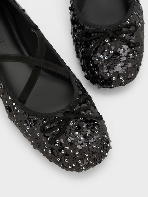Sequinned Crossover Mary Jane Flats, Black Textured, hi-res
