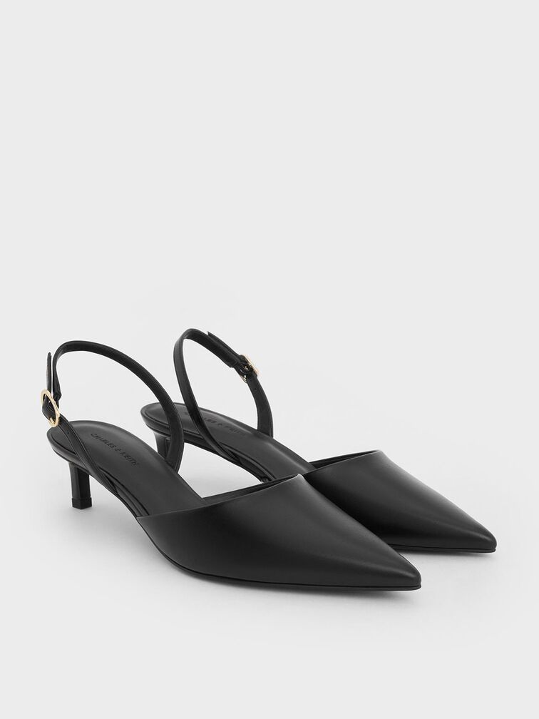 Pointed Slingback Kitten Heels, Black, hi-res