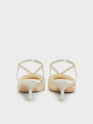 Satin Embroidered-Mesh Slingback Kitten Heels, White, hi-res