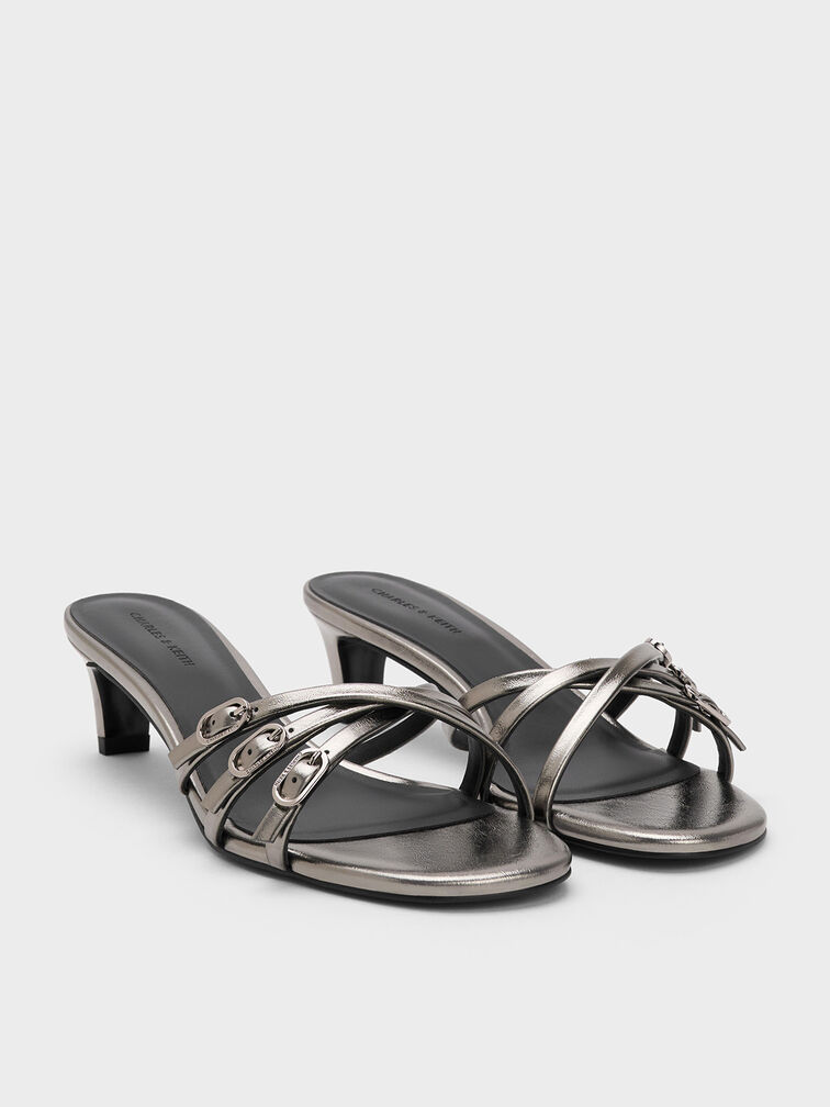 Metallic Buckled Strappy Kitten-Heel Mules, Pewter, hi-res