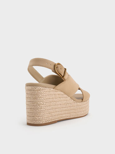 Faux Suede Crossover Espadrille Wedges, Sand, hi-res