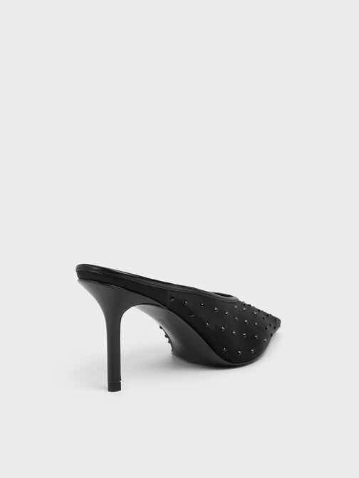 Mesh Crystal Pointed Heeled Mules, Black Textured, hi-res
