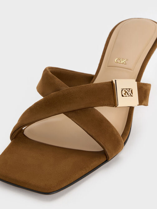 Cody Suede Crossover Heeled Mules, Brown, hi-res