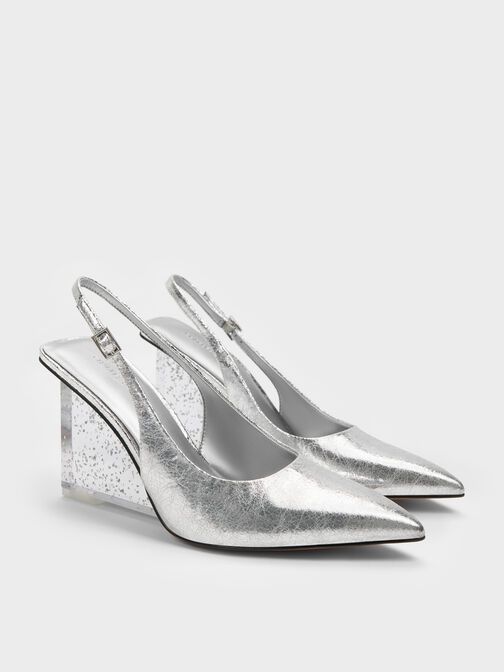 Metallic Speckled-Heel Slingback Wedges, Silver, hi-res