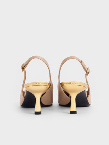 Metallic Kitten-Heel Slingback Pumps, Nude, hi-res