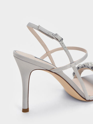 Gem-Embellished Satin Stiletto Sandals, Grey, hi-res