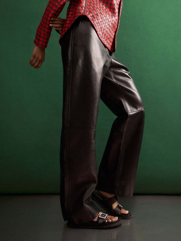 Gem-Buckle Double-Strap Sandals, Black Textured, hi-res