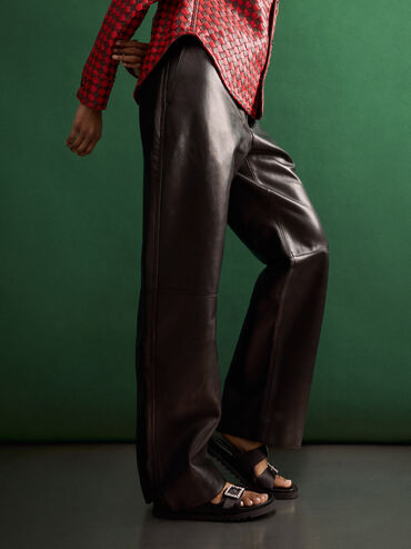 Gem-Buckle Double-Strap Sandals, Black Textured, hi-res