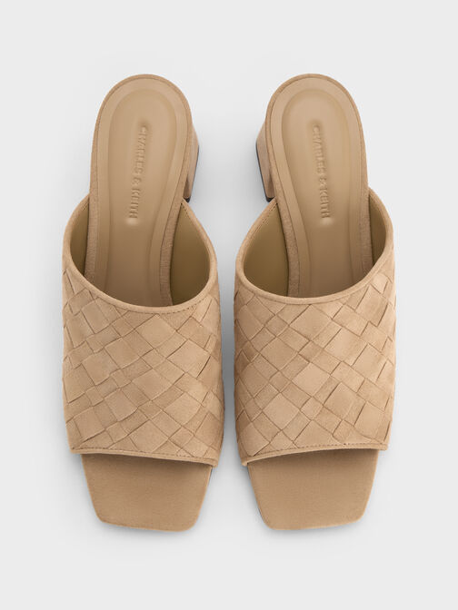 Ivette Faux Suede Woven Heeled Mules, Sand, hi-res