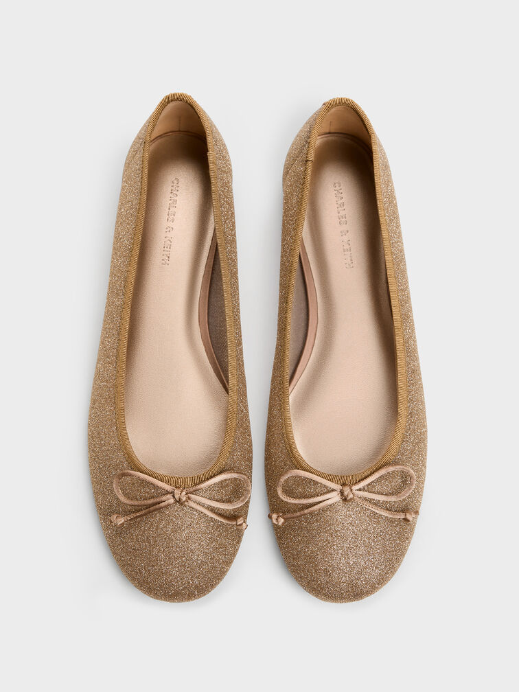 Glittered Mesh Bow Ballet Flats, Brown, hi-res