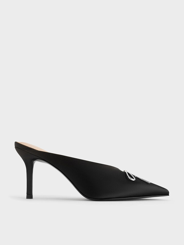Crystal-Bow Pointed-Toe Heeled Mules, Black Textured, hi-res