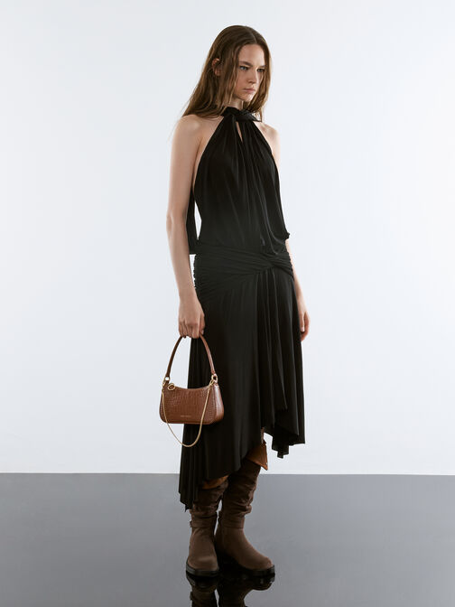 شنطة كتف السبيث بسلسلة, بني داكن بنقشة تمساح, hi-res