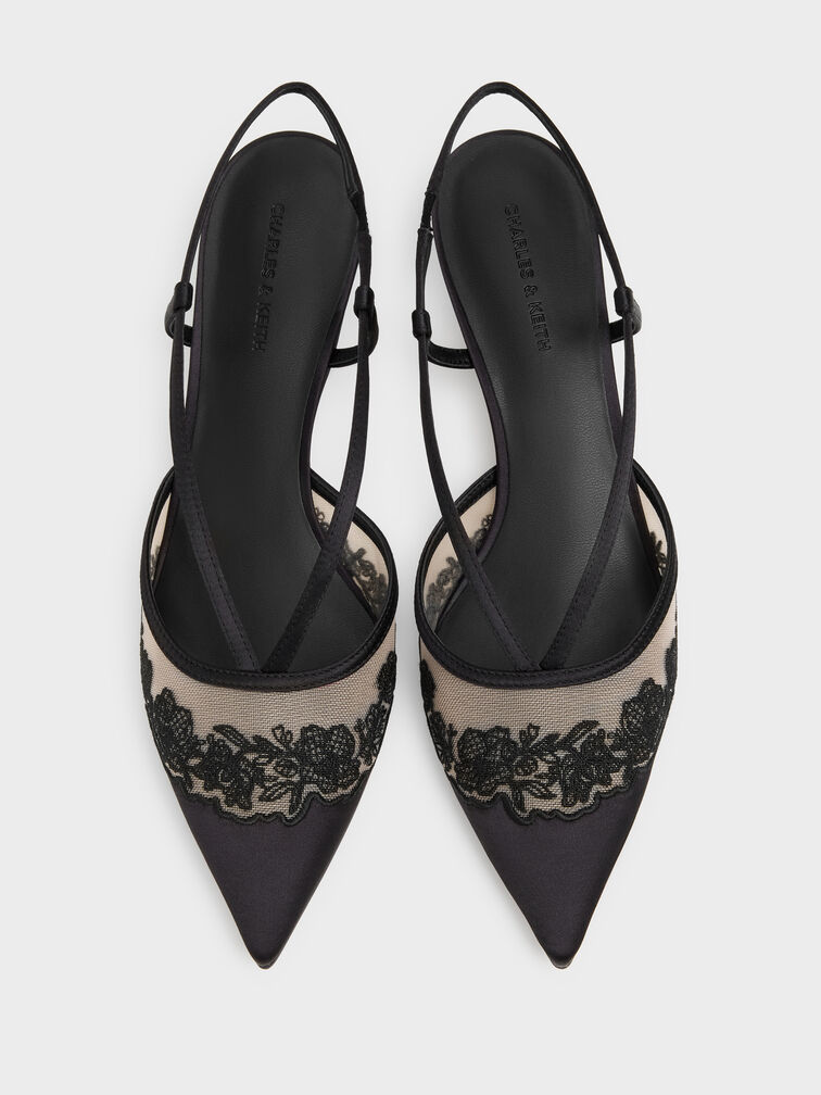 Satin Embroidered-Mesh Slingback Kitten Heels, Black Textured, hi-res