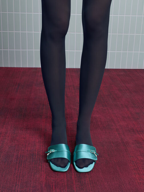 Teardrop-Crystal Buckled Slide Sandals, Teal, hi-res