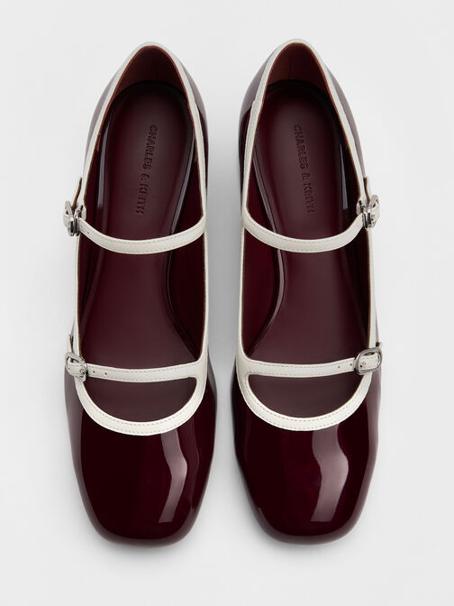 Patent Contrast-Trim Double-Strap Mary Jane Pumps, Burgundy, hi-res