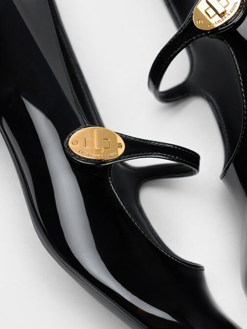 حذاء ماري جين هيتي بكعب عريض وإبزيم معدني لامع, أسود براق, hi-res