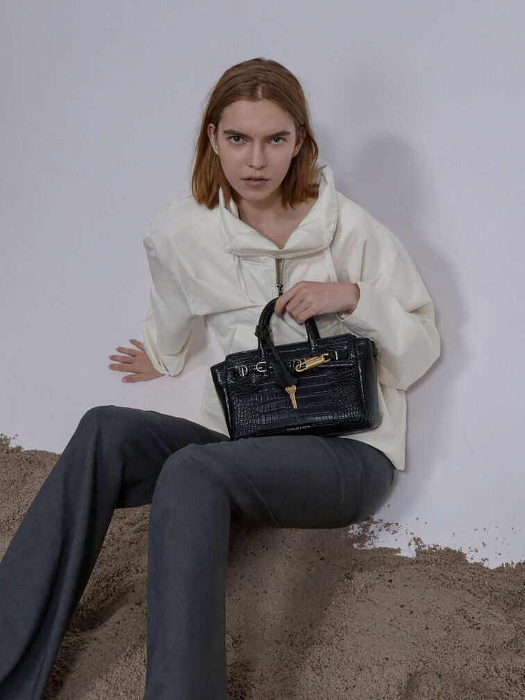 Mini Delfina Croc-Effect Belted Tote Bag, Black Croco, hi-res