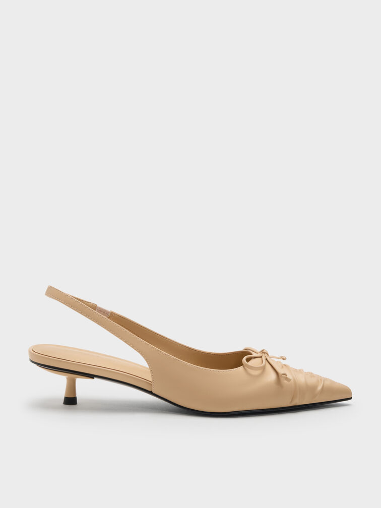 Ruched Bow Slingback Kitten Heels, Sand, hi-res