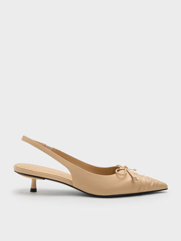 Ruched Bow Slingback Kitten Heels, Sand, hi-res
