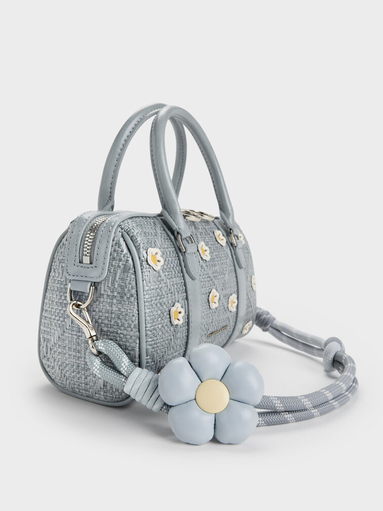 Philomena Raffia Flower Bowling Bag, Misty Blue, hi-res