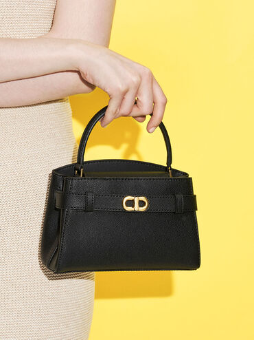 Aubrielle Belted Top Handle Bag, Black, hi-res