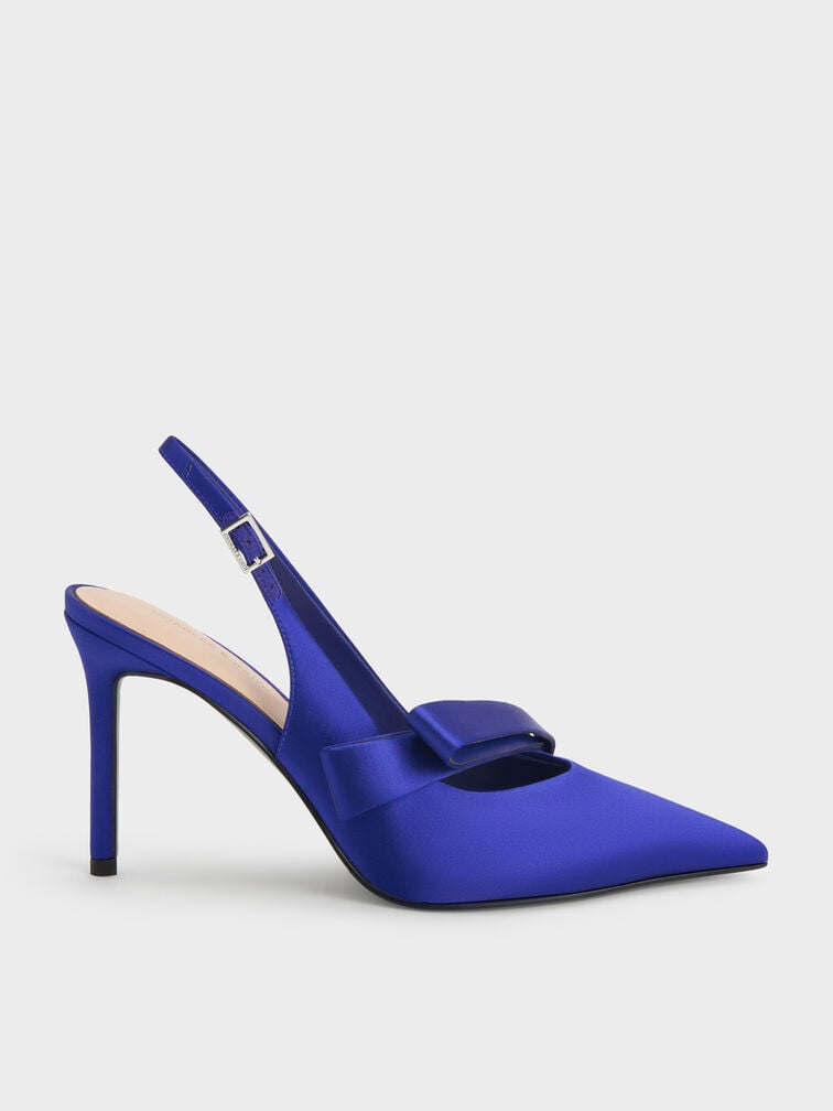 Satin Pleated-Strap Slingback Pumps, Blue, hi-res