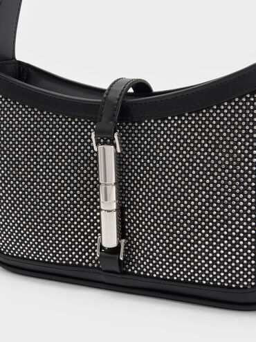 شنطة كتف سيسيا ساتان أسود لامع مزينة بالكريستال مع لمسة ميتاليك, أسود حريري لامع, hi-res