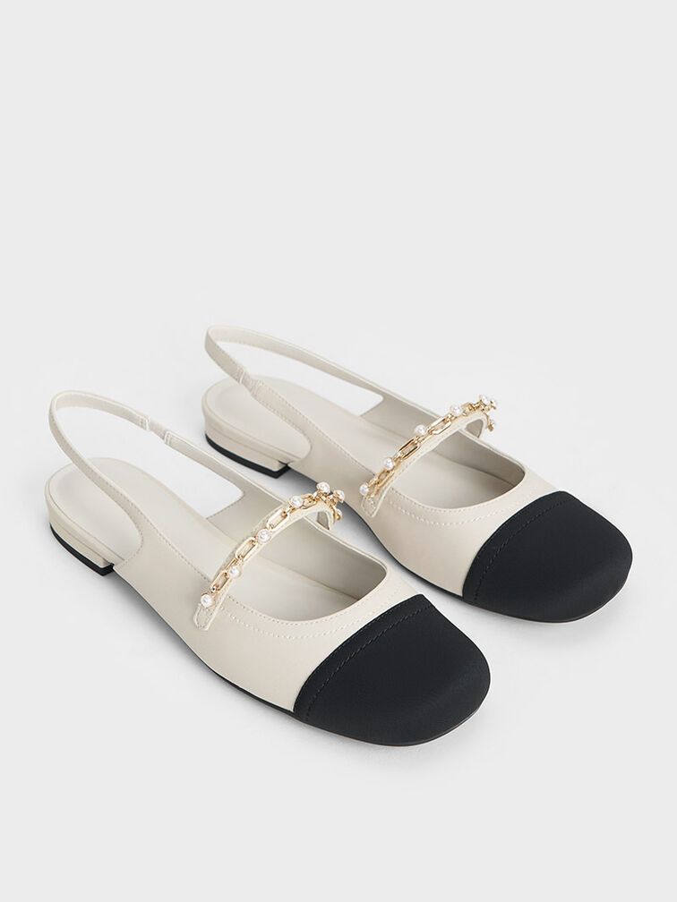 Rio Beaded Chain-Link Slingback Flats, Chalk, hi-res
